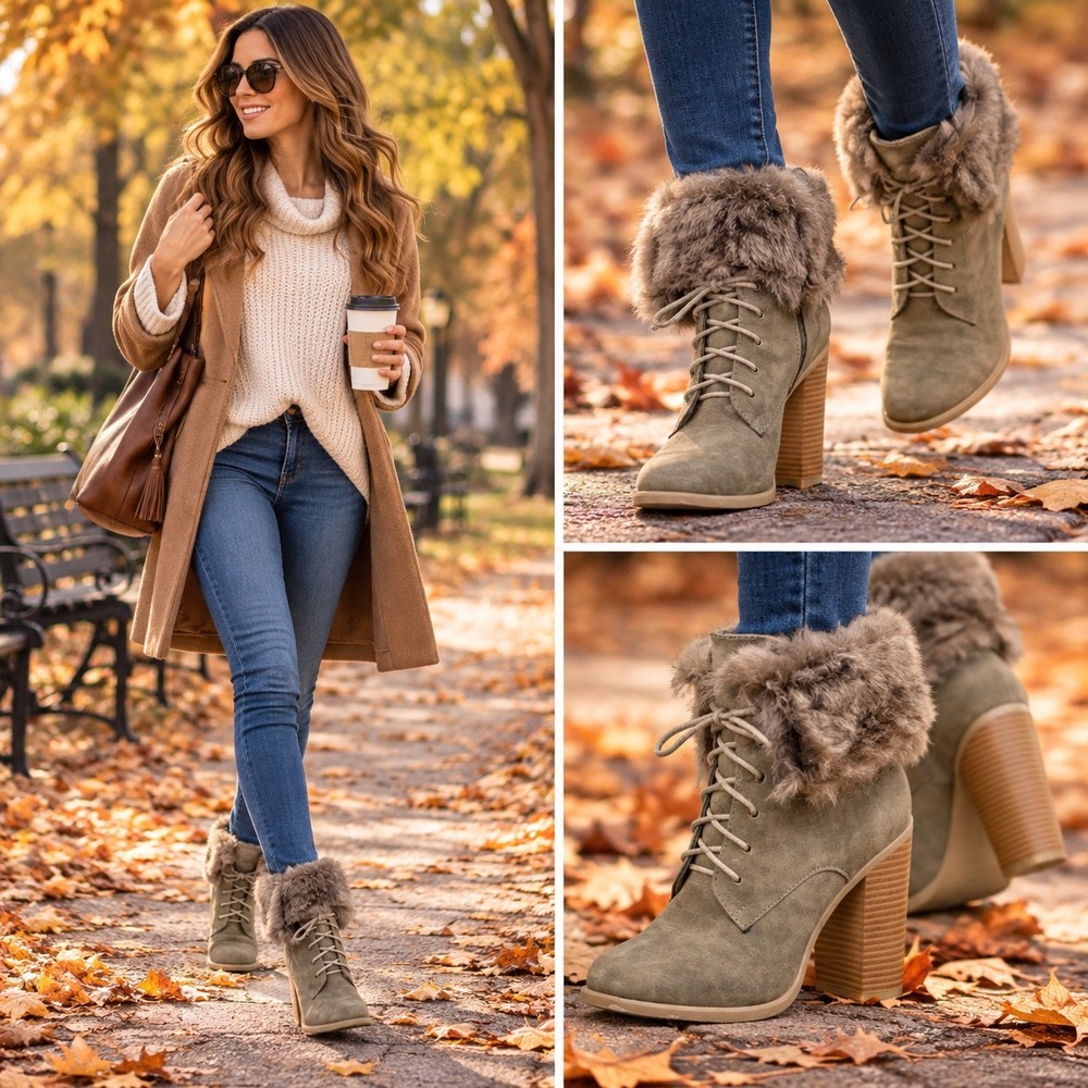 Lilia Stone Womens Joann Lace Up Faux Fur Cuff Heeled Ankle Boots Size 8.5